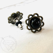 Load image into Gallery viewer, Black agate flower plugs gauges: 14g 12g 10g 8g 6g 4mm 4g 5mm 2g 6mm 1g 7mm 0g 8mm 11/32&quot; 9mm 00g 10mm 7/16&quot; 11mm