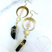 Load image into Gallery viewer, Bohemian crescent moon quartz gold single flare plugs gauges tunnels 8g - 1&quot;
