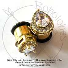 Load image into Gallery viewer, Crystal pear cut teardrop CZ halo stud plugs: Sizes 8g - 00g