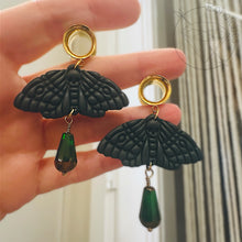 Load image into Gallery viewer, Green goth moth rose crystal screw back plugs gauges tunnels: 2g 0g 00g 1/2" 9/16" 5/8" 18mm 19mm 20mm 22mm 25mm