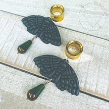 Load image into Gallery viewer, Green goth moth rose crystal screw back plugs gauges tunnels: 2g 0g 00g 1/2" 9/16" 5/8" 18mm 19mm 20mm 22mm 25mm