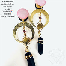 Load image into Gallery viewer, Bohemian crescent moon quartz gold plugs gauges tunnels 8g - 1"