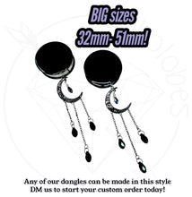 Load image into Gallery viewer, Black Celestial Moon Dangle Plugs, Goth Fashion Gauges - Large gauges 1 1/8" 1 1/4" 1 3/8" 1 1/2”1 5/8" 1 3/4"1 7/8" 2"