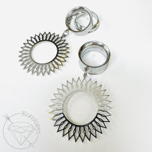 Load image into Gallery viewer, Steel Wire Metal Mandala Stamp Hoop Screw Back Plugs: Dangle Gauges 2G 0G 00G 1/2" 9/16" 5/8" 11/16" 3/4” 13/16" 7/8" 1"