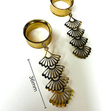 Load image into Gallery viewer, Gold Wire Metal art deco fan Stamp Hoop Screw Back Plugs: Dangle Gauges - Gold Earrings