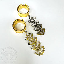 Load image into Gallery viewer, Gold Wire Metal art deco fan Stamp Hoop Screw Back Plugs: Dangle Gauges - Gold Earrings