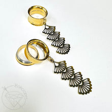 Load image into Gallery viewer, Gold Wire Metal art deco fan Stamp Hoop Screw Back Plugs: Dangle Gauges - Gold Earrings