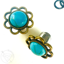Load image into Gallery viewer, Blue Turquoise Howlite Flower Plugs Gauges: Surgical Steel Tunnels 14g 12g 10g 8g 6g 4g 2g 1g 0g 11/32” 00g 7/16” 1/2”