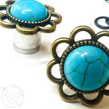 Load image into Gallery viewer, Blue Turquoise Howlite Flower Plugs Gauges: Surgical Steel Tunnels 14g 12g 10g 8g 6g 4g 2g 1g 0g 11/32” 00g 7/16” 1/2”