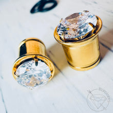 Load image into Gallery viewer, CZ Martini Studded Steel Tunnels: Yellow Gold Prong Setting, Gauged Ear Plugs 14g 12g 10g 8g 6g 4g 2g 1g 0g