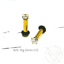 Load image into Gallery viewer, CZ Martini Studded Steel Tunnels: Yellow Gold Prong Setting, Gauged Ear Plugs 14g 12g 10g 8g 6g 4g 2g 1g 0g