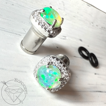 Load image into Gallery viewer, Square Opal CZ Halo Stud Plugs: Bridal Wedding Ear Gauges 14g 12g 10g 8g 6g 4g 2g 1g 0g 11/32" 00g