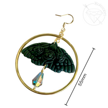 Load image into Gallery viewer, Black Moth Rose Skull Dangle Plugs: Goth Crystal Tunnels 2G 0G 00G 1/2" 9/16" 5/8" 11/16" 3/4” 13/16" 7/8" 1"