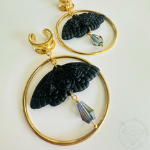 Load image into Gallery viewer, Black Moth Rose Skull Dangle Plugs: Goth Crystal Tunnels 2G 0G 00G 1/2" 9/16" 5/8" 11/16" 3/4” 13/16" 7/8" 1"