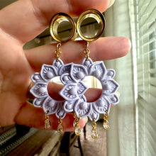 Load image into Gallery viewer, Lavender Floral Plug Earrings | Crystal Dangle Tunnels 14g 12g 10g 8g 6g 4g 2G 0G 00G 1/2" 9/16" 5/8" 11/16" 3/4” 13/16" 7/8" 1" 1 1 1/8"