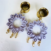 Load image into Gallery viewer, Lavender Floral Plug Earrings | Crystal Dangle Tunnels 14g 12g 10g 8g 6g 4g 2G 0G 00G 1/2" 9/16" 5/8" 11/16" 3/4” 13/16" 7/8" 1" 1 1 1/8"