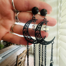 Load image into Gallery viewer, Black celestial Gold Czech moon goth gauges 14g 16g 10g 8g 6g 4g 2g 1g 0g 11/32” 00g 7/16” 1/2” 9/16” 5/8” 11/13” 3/4” 13/16” 7/8” 1”