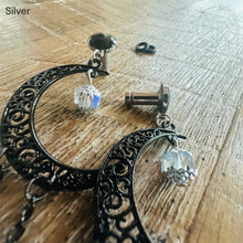Load image into Gallery viewer, Black celestial Gold Czech moon goth gauges 14g 16g 10g 8g 6g 4g 2g 1g 0g 11/32” 00g 7/16” 1/2” 9/16” 5/8” 11/13” 3/4” 13/16” 7/8” 1”