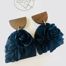 Load image into Gallery viewer, Midnight Bloom Floral Deep Navy Blue Statement Earrings