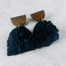 Load image into Gallery viewer, Midnight Bloom Floral Deep Navy Blue Statement Earrings