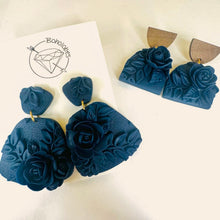 Load image into Gallery viewer, Midnight Bloom Floral Deep Navy Blue Statement Earrings