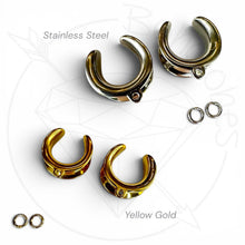 Load image into Gallery viewer, various types of earrings, including stainless steel, yellow gold, and silver, arranged on a white background.
