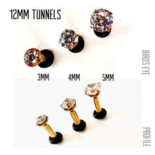 Load image into Gallery viewer, CZ Martini Studded Steel Tunnels: Yellow Gold Prong Setting, Gauged Ear Plugs 14g 12g 10g 8g 6g 4g 2g 1g 0g