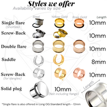 Load image into Gallery viewer, a variety of piercing options available in different sizes, ranging from 10mm to 12mm, with corresponding descriptions for each size.