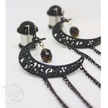 Load image into Gallery viewer, Black celestial Gold Czech crescent moon goth dangle gauges 8g 6g 4g 2g 1g 0g 11/32” 00g 7/16” 1/2” 9/16” 5/8” 11/13” 3/4” 13/16” 7/8” 1”