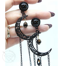 Load image into Gallery viewer, Black celestial Gold Czech crescent moon goth dangle gauges 8g 6g 4g 2g 1g 0g 11/32” 00g 7/16” 1/2” 9/16” 5/8” 11/13” 3/4” 13/16” 7/8” 1”