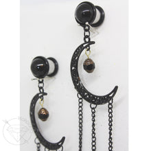 Load image into Gallery viewer, Black celestial Gold Czech crescent moon goth dangle gauges 8g 6g 4g 2g 1g 0g 11/32” 00g 7/16” 1/2” 9/16” 5/8” 11/13” 3/4” 13/16” 7/8” 1”