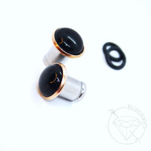 Load image into Gallery viewer, Black Agate Hider Plugs: Surgical Stainless Steel Tunnels for Gauged Ears 14g 12g 10g 8g 6g 4g 2g 1g 0g 11/32” 00g 7/16” 1/2”