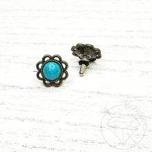 Load image into Gallery viewer, Blue turquoise flower plugs gauges: 14g 12g 10g  8g 6g 4mm 4g 5mm 2g 6mm 1g 7mm 0g 8mm 11/32&quot; 9mm 00g 10mm 7/16&quot; 11mm