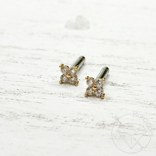 Gold clover stud crystal stainless steel plugs / tunnels for gauges / stretched ears Sizes: 14g, 12g, 10g, 8g