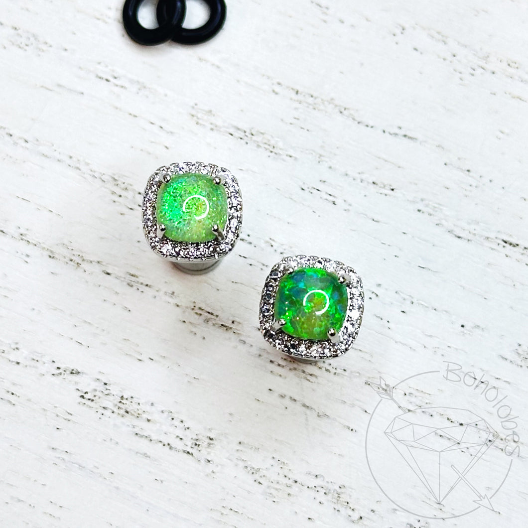 Crystal opal plugs Square CZ halo stud white gold silver wedding plugs for gauged or stretched ears: Sizes 14g 12g 10g 8g 6g 4g 2g 1g 0g