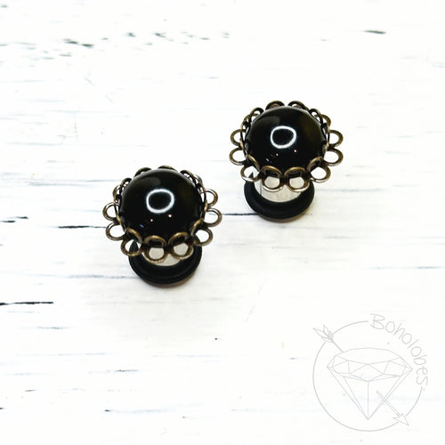 Black agate scalloped flower plugs gauges: 6g 4mm 4g 5mm 2g 6mm 1g 7mm 0g 8mm 11/32