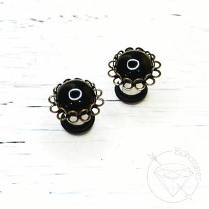 Black agate scalloped flower plugs gauges: 6g 4mm 4g 5mm 2g 6mm 1g 7mm 0g 8mm 11/32" 9mm 00g 10mm 7/16" 11mm