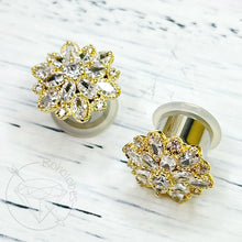 Load image into Gallery viewer, Art deco rhinestone yellow gold steel rose gold plugs gauges 6g 4g 2g 1g 0g 11/32&quot; 00g 7/16&quot; 1/2” 9/16”