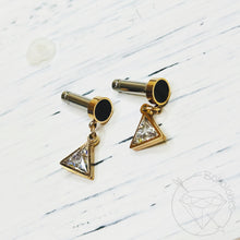 Load image into Gallery viewer, Art deco triangle geometric pearl and rhinestone dangle hider plugs 12g 10g 8g 6g Regular earring