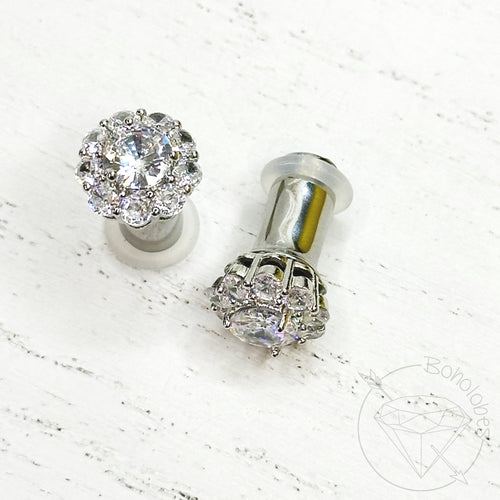 Crystal plugs round CZ halo stud white gold silver wedding plugs for gauged or stretched ears: Sizes 12g 10g 8g 6g 4g 2g 1g 0g