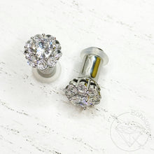 Load image into Gallery viewer, Crystal plugs round CZ halo stud white gold silver wedding plugs for gauged or stretched ears: Sizes 12g 10g 8g 6g 4g 2g 1g 0g