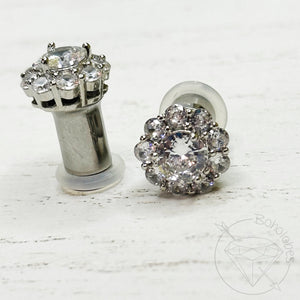 Crystal plugs round CZ halo stud white gold silver wedding plugs for gauged or stretched ears: Sizes 12g 10g 8g 6g 4g 2g 1g 0g