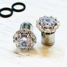 Load image into Gallery viewer, Art deco rhinestone chunky clear steel formal plugs gauges 4g 2g 1g 0g 11/32&quot; 00g 7/16&quot; 1/2”