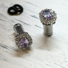 Load image into Gallery viewer, Purple crystal plugs square CZ halo stud silver vintage style wedding plugs for gauged or stretched ears: Sizes 10g 8g 6g 4g 2g 1g 0g