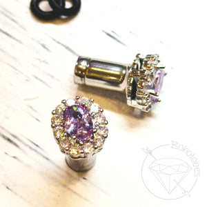 Purple crystal plugs square CZ halo stud silver vintage style wedding plugs for gauged or stretched ears: Sizes 10g 8g 6g 4g 2g 1g 0g