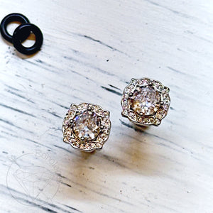 Crystal plugs square CZ halo stud silver vintage style wedding plugs for gauged or stretched ears: Sizes 10g 8g 6g 4g 2g 1g 0g