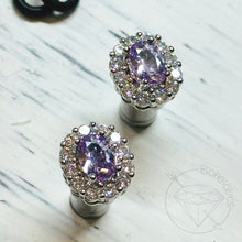 Load image into Gallery viewer, Purple crystal plugs square CZ halo stud silver vintage style wedding plugs for gauged or stretched ears: Sizes 10g 8g 6g 4g 2g 1g 0g
