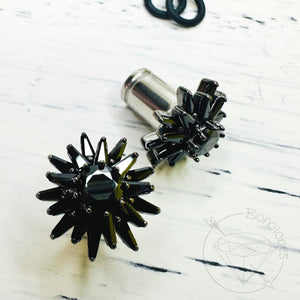 Mid century inspired rhinestone chunky black gun metal steel formal plugs gauges 4g 2g 1g 0g 11/32" 00g 7/16" 1/2”