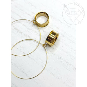 Yellow gold wire hoop screw back plugs gauges tunnels: 2g 0g 00g 1/2" 9/16" 5/8" 18mm 20mm 22mm 25mm