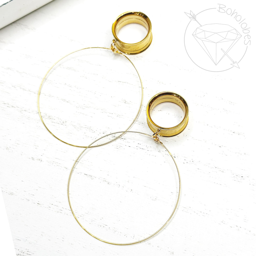 Yellow gold wire hoop screw back plugs gauges tunnels: 2g 0g 00g 1/2